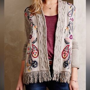Anthropologie Sleeping on Snow Folklore Embroidered Fringe Cardigan NWOT $168